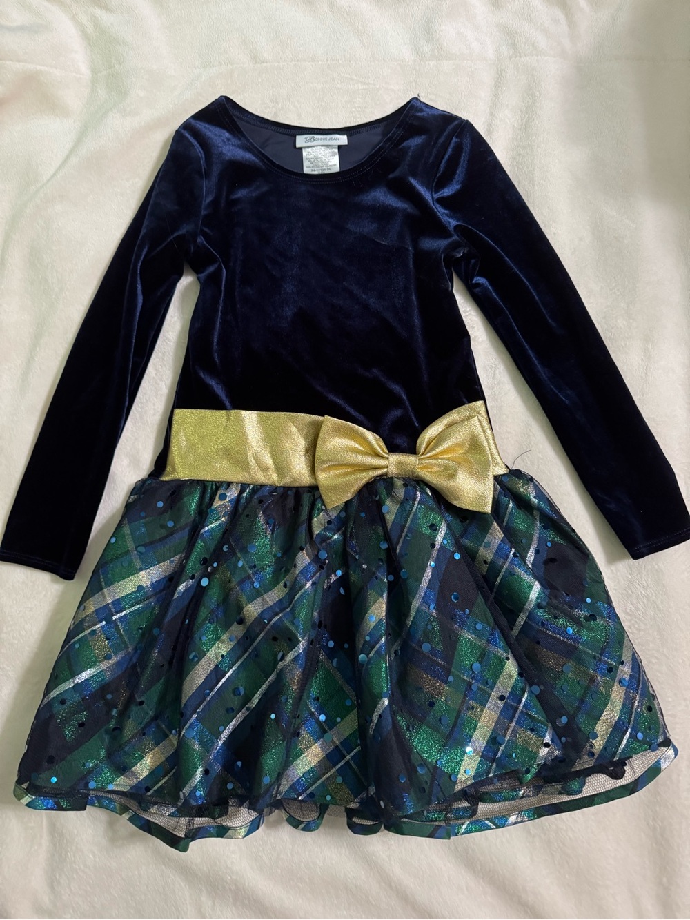 Bonnie Jean Navy Velvet Dress with Green Plaid Skirt and Gold Bow